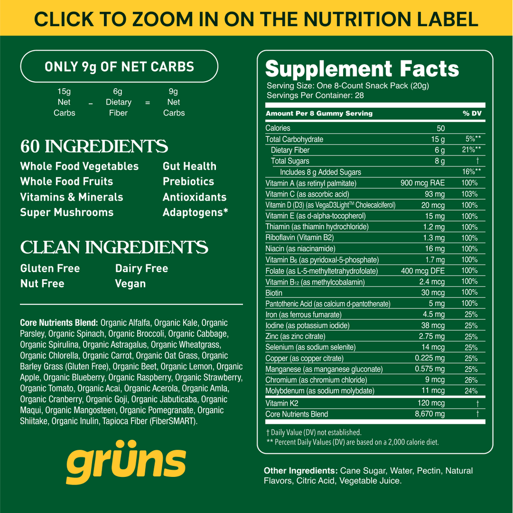 Gruns Adults Super Greens Gummies, Multivitamin Superfood Gummy Bears with Spirulina, Chlorella, Prebiotics & Fiber for Digestive Health, Adaptogens Supplement with 20 Vitamins & Minerals, 28 Count
