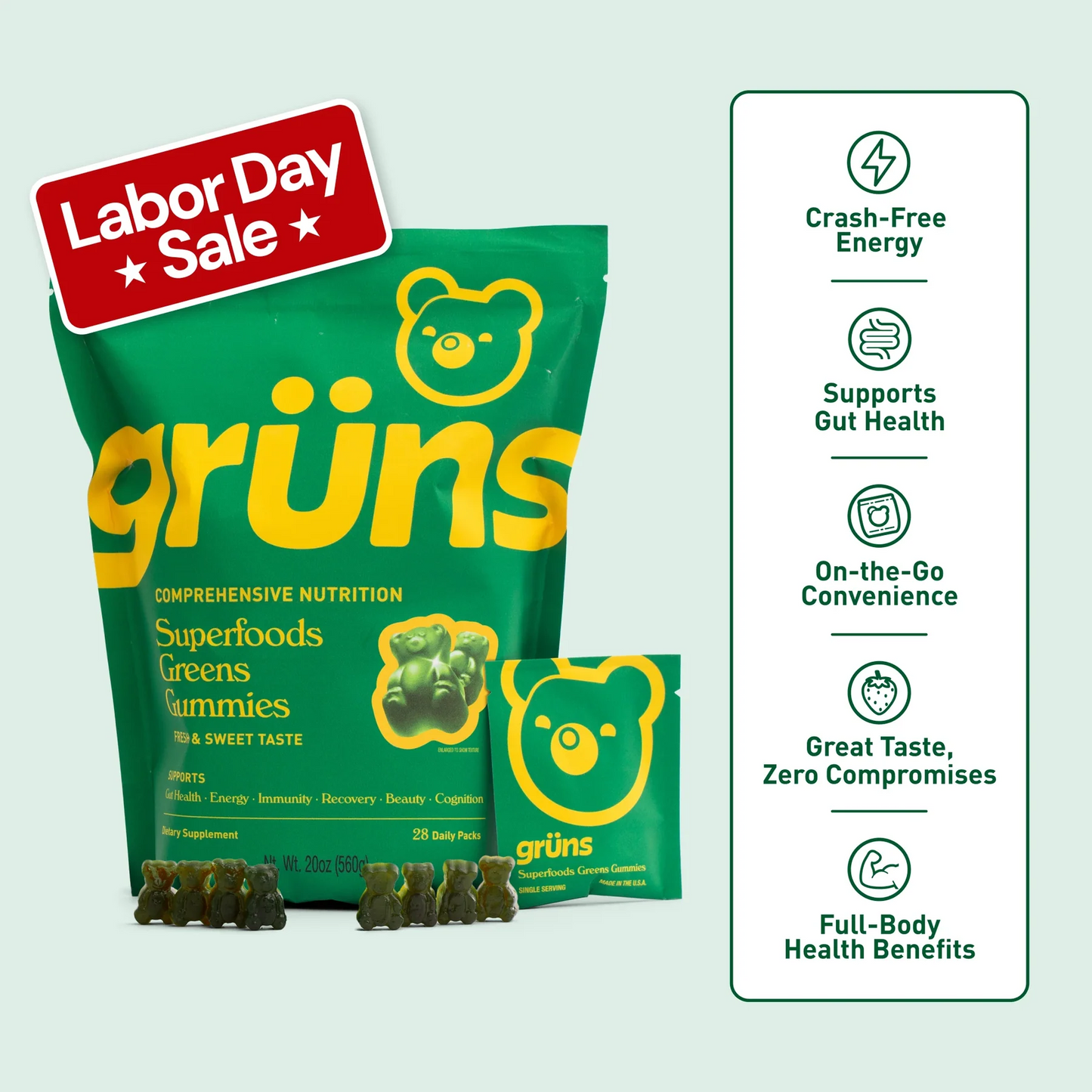 Gruns Adults Super Greens Gummies, Multivitamin Superfood Gummy Bears with Spirulina, Chlorella, Prebiotics & Fiber for Digestive Health, Adaptogens Supplement with 20 Vitamins & Minerals, 28 Count