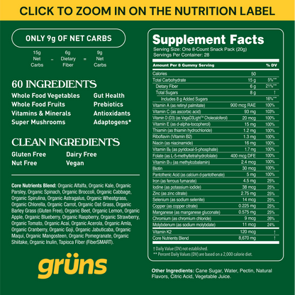 Gruns Adults Super Greens Gummies, Multivitamin Superfood Gummy Bears with Spirulina, Chlorella, Prebiotics & Fiber for Digestive Health, Adaptogens Supplement with 20 Vitamins & Minerals, 28 Count