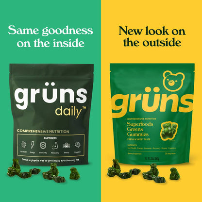 Gruns Adults Super Greens Gummies, Multivitamin Superfood Gummy Bears with Spirulina, Chlorella, Prebiotics & Fiber for Digestive Health, Adaptogens Supplement with 20 Vitamins & Minerals, 28 Count
