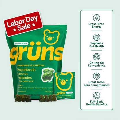 Gruns Adults Super Greens Gummies, Multivitamin Superfood Gummy Bears with Spirulina, Chlorella, Prebiotics & Fiber for Digestive Health, Adaptogens Supplement with 20 Vitamins & Minerals, 28 Count